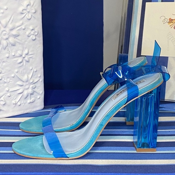 Fashion nova neon blue clear ankle strap square high heel sandals Sz 10 - Picture 6 of 15